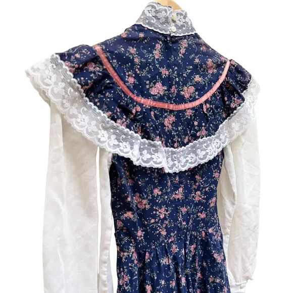 Vintage '70s Jessica McClintock Gunne Sax Navy/Pink Flower Dress - Picture 12 of 16